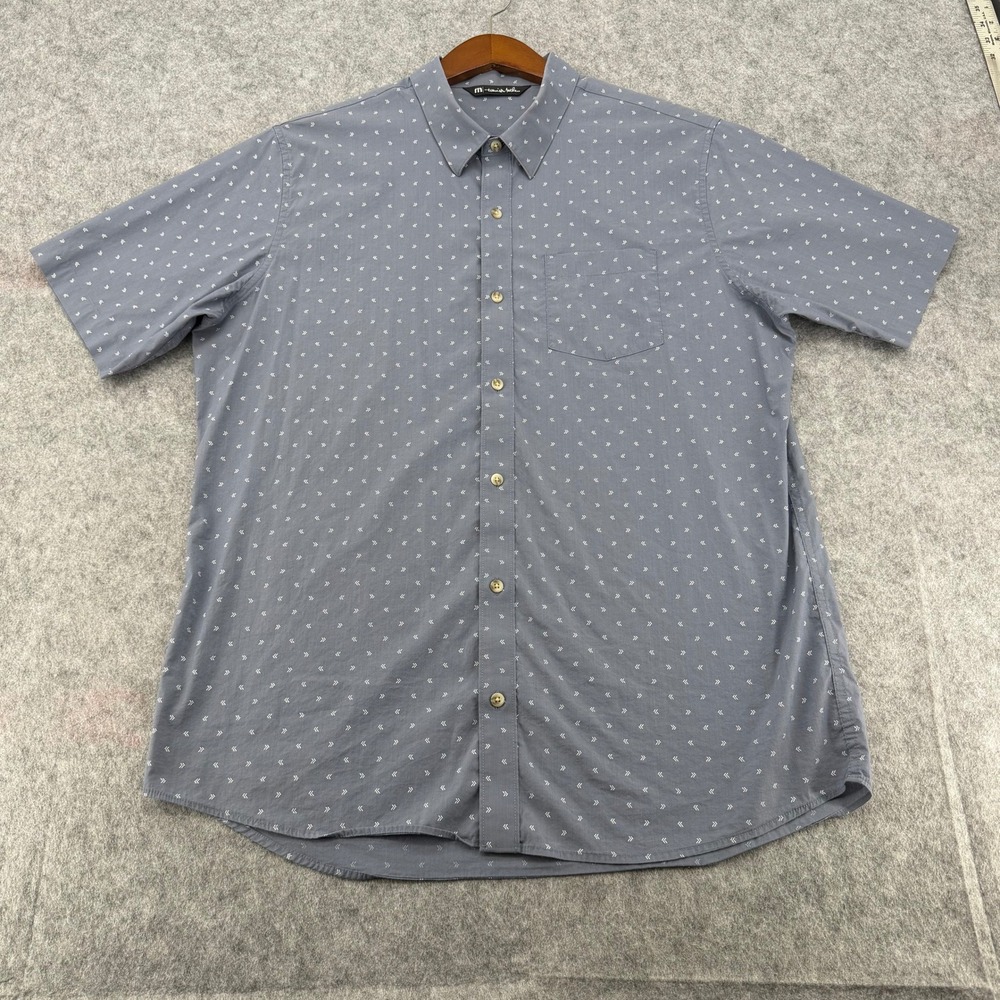 Travis Mathew Mens XL Blue Grey Arrow Print Short Sleeve Button Down Shirt